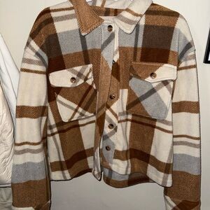Plaid Button-Up Jacket - Brown and Cream